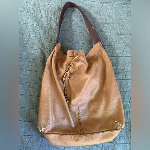 Lucky Brand tan brown leather hobo bag with whipstitch and bead details - Picture 12 of 13